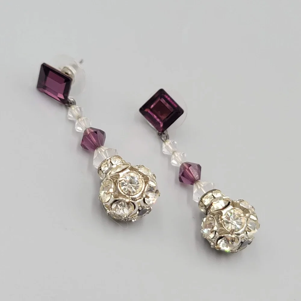 Vintage Purple Rhinestone Pierced Earrings Silver tone Bead Dangle 1.75" - Picture 3 of 9